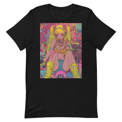 Anime Art T-Shirt: Full-Body Yellow-Haired Girl with Surrounding Objects