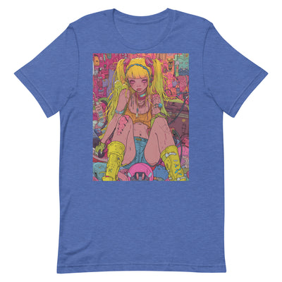 Anime Art T-Shirt: Full-Body Yellow-Haired Girl with Surrounding Objects