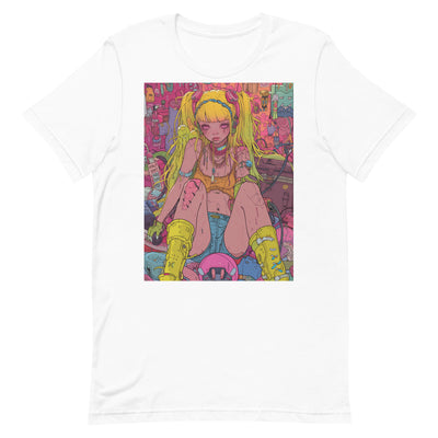 Anime Art T-Shirt: Full-Body Yellow-Haired Girl with Surrounding Objects